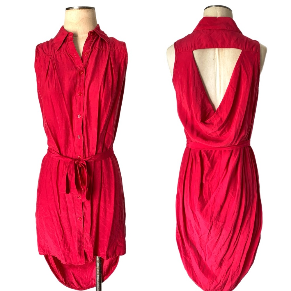 AB Studio 100% Silk High Low Belted Shirt Dress Sleeveless Keyhole Draped Back